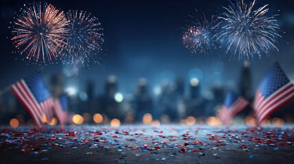 American flags and fireworks against a cityscape background.