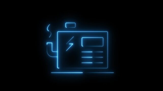 a blue neon outline of a power plug icon with a lightning bolt symbol and lines representing electricity moving against a black background an abstract animation loop