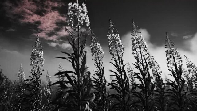 Low-angle shot of tall wildflowers blooming in a field under a dramatic sky with pink clouds