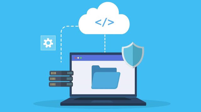 Flat vector animation showing cloud coding and secure data backup with laptop, server storage, network connection, and cybersecurity protection concept.
