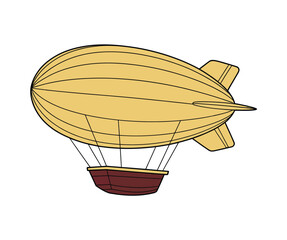 Simple cartoon illustration of a vintage yellow blimp with a red gondola flying in the sky, depicted with clean lines and a white background. © Gofur Artistry