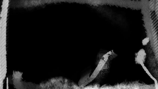 Retro frame with white scuffs and grunge grain on black screen. Old cinema nostalgia effect with damaged film texture in 4K.