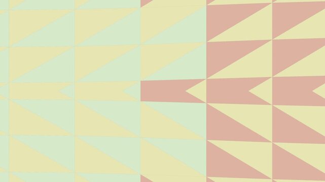 Dynamic abstract geometric mosaic of tessellating triangles, seamlessly transitioning between serene green and warm blush pink hues, creating a visually energetic and contemporary pattern design for b
