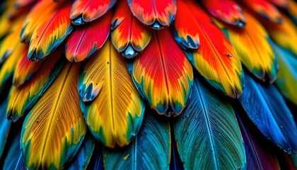 Obraz premium A vibrant display of bird feathers in colors of red, green, yellow, blue, and purple with hints of black, arranged to create a fan like pattern against a neutral background.