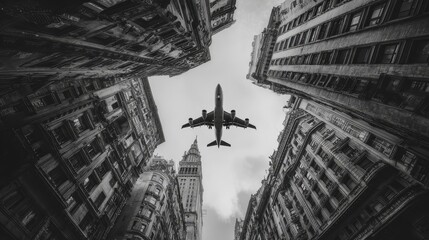 Black-and-white hyper-realistic airplane flying between tall skyscrapers from ground view, highlighting dramatic contrast, urban architecture, and dynamic aerial perspective.