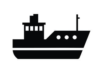Obraz premium Black silhouette icon of a cargo ship or ferry boat, isolated on a white background, representing maritime transport and shipping.