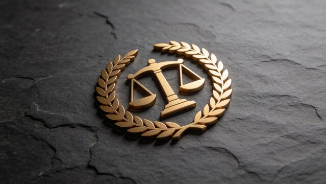 Golden scales of justice emblem on dark stone background,legal authority symbol representing law,fairness,attorney services and judicial system concept in dramatic lighting