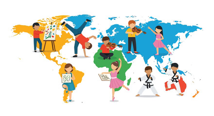 Fototapeta premium Diverse children around the world engaging in various cultural and recreational activities like art, music, dance, and martial arts on a colorful world map background.