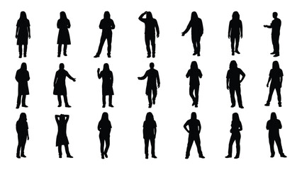 Fototapeta premium Diverse silhouettes of people in various dynamic poses and outfits isolated on white background, Vector