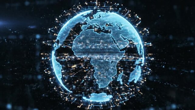 Digital Earth globe rotating with glowing network connections.