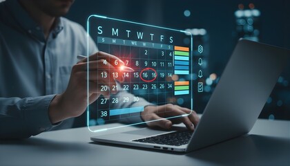 Fototapeta premium Close up businessman hand using stylus pen marking date on digital calendar hologram projection over laptop keyboard in office at night for schedule appointment event management time organization