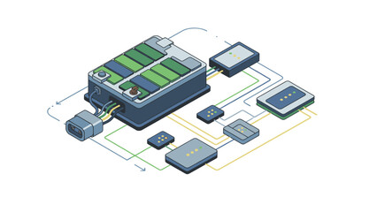 Isometric illustration of a complex system with interconnected components and modules in shades of blue and green on a white background.
