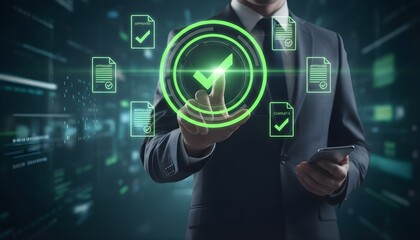 Fototapeta premium Business process automation and quality assurance concept, businessman pointing at virtual screen with checkmark icon and approved documents on dark background