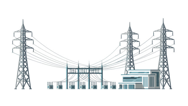 Illustration of a power plant with transmission towers and electrical infrastructure on a white background.