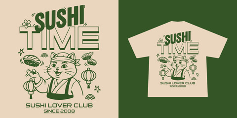 Retro style sushi mascot illustration for t-shirt printing. Funny chef character holding sushi. Perfect for street food brand, fast food restaurant, cafe merchandise, apparel, and packaging design © Therintproject