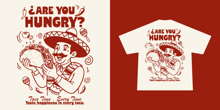 Retro style taco mascot illustration for t-shirt printing. Funny chef character holding taco. Perfect for street food brand, fast food restaurant, cafe merchandise, apparel, and packaging design
