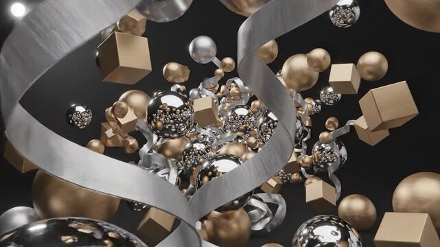 Abstract 3D render of floating gold and silver spheres and cubes