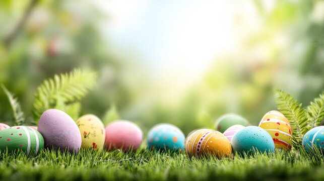 A vibrant display of colorful Easter eggs on a lush green grassy lawn with a soft, blurred background of trees and sunlight.