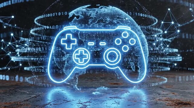 Neon video game controller icon with a futuristic tech background