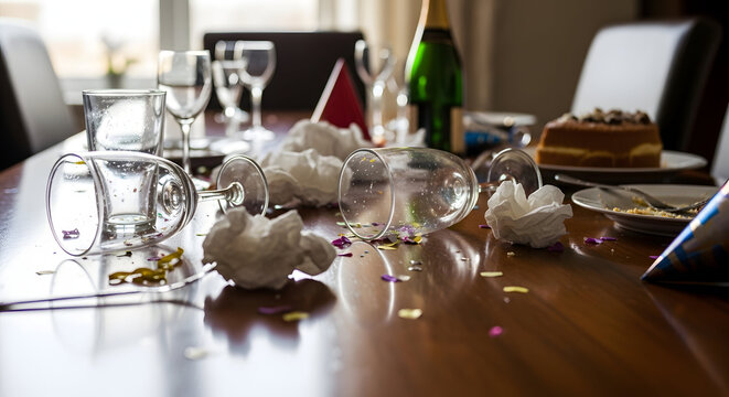 Close-up of a messy dining table covered with empty wine glasses, used napkins, crumpled paper, and party confetti in the warm morning sunlight after a celebration.
