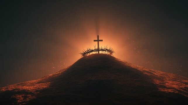 A cross with a crown of thorns on a hill with a dark, moody sky in the background.