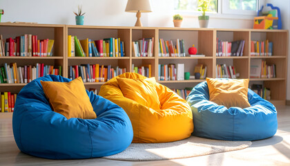 Cozy reading nook with colorful bean bags and bookshelves in a library or home study.