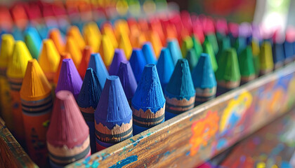 Colorful crayons arranged in a vibrant box, showcasing a variety of hues and shades.