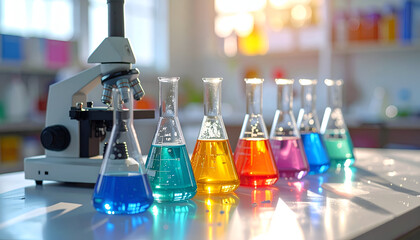 Laboratory equipment with colorful chemicals and microscope on table.