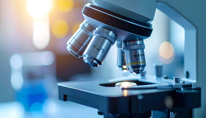 Microscope in laboratory setting with blurred background.