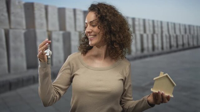 Woman smiling and holding keys in one hand and a small wooden house model in the other on an urban street with concrete blocks; new home hope.