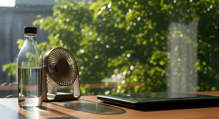 Summer office workspace with portable electric fan and glass water bottle on wooden table against blurred green foliage window view for heatwave cooling and hydration concept at remote work station