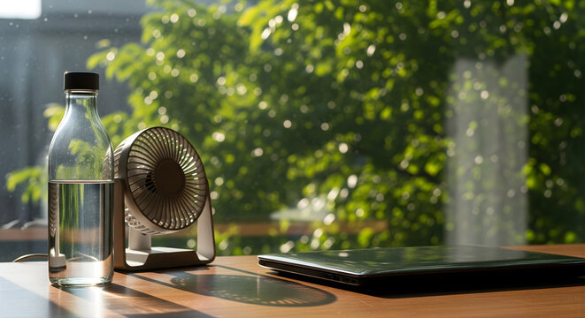 Summer office workspace with portable electric fan and glass water bottle on wooden table against blurred green foliage window view for heatwave cooling and hydration concept at remote work station
