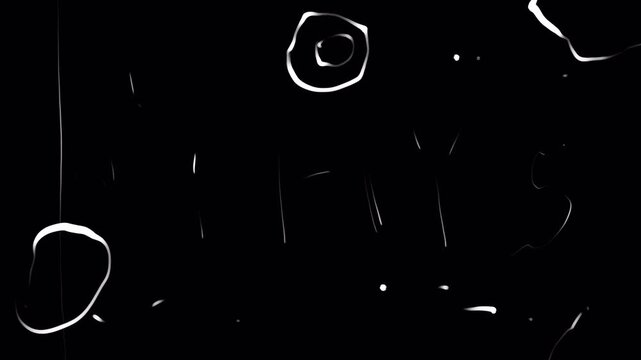 Rough film strip with white drafts and markings on black screen. White plastic damage and holes. Retro stock overlay animation in 4K.