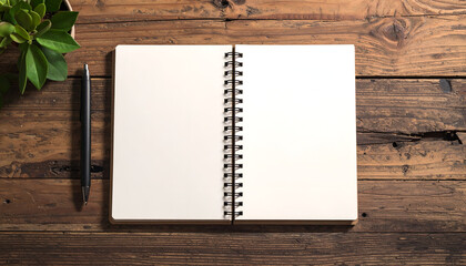 Open notebook with blank pages on a wooden table with a pen and a plant.