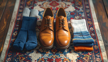 Brown leather shoes and assorted socks on a colorful rug.