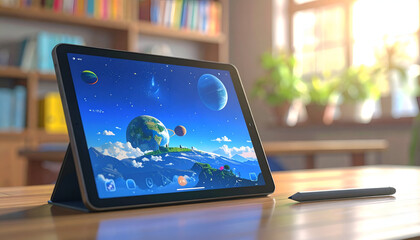 Tablet displaying a vibrant space scene on a wooden desk in a cozy library.