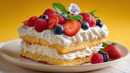 A delicious layered cake with fresh berries and whipped cream on a white plate.