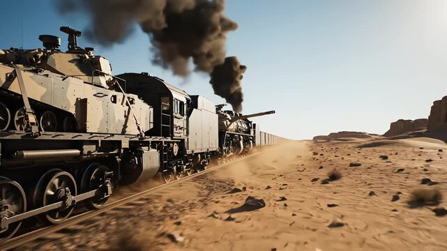 Armored military steam train with heavy artillery turrets moving fast across a sandy desert landscape