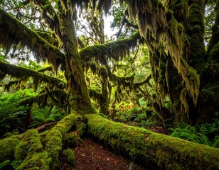 A lush forest with a mossy fallen tree and hanging branches