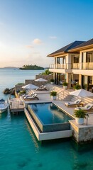 Fototapeta premium Luxury waterfront villa with infinity pool and ocean view.