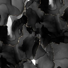Luxury Black and Gold Alcohol Ink Abstract Background with Golden Veins