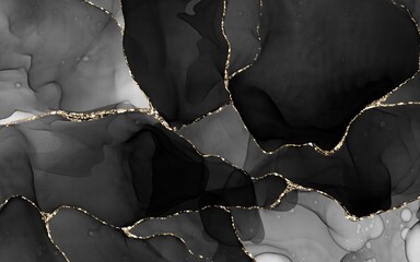 Luxury Black and Gold Alcohol Ink Abstract Background with Golden Veins