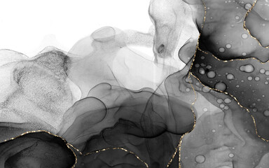 Luxury Black and Gold Alcohol Ink Abstract Background with Golden Veins