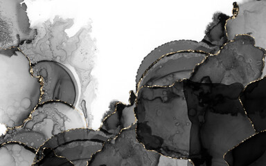 Luxury Black and Gold Alcohol Ink Abstract Background with Golden Veins