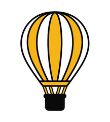 Obraz premium A graphic illustration of a hot air balloon with yellow and white stripes and a black basket.