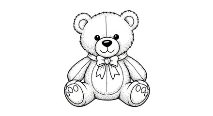 Cute Teddy Bear Drawing with Bow Tie, Black and White Sketch © Varel