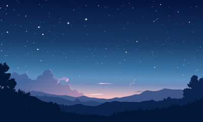 夜空と山のシルエット背景。星空、夕暮れ、幻想的な風景のベクターイラスト。