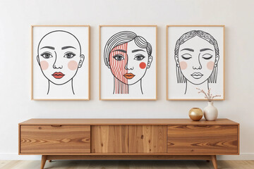 Minimalist continuous line art posters with abstract faces on a beige wall above a wooden console.