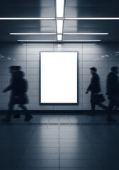 Fototapeta premium Blank billboard in a bustling subway station, surrounded by the motion blur of commuters, highlighting urban advertising potential and the rhythm of city life