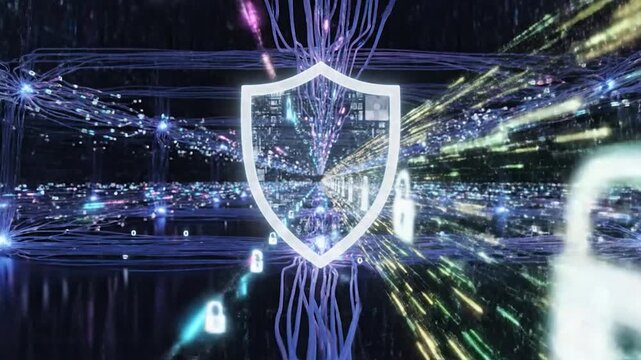 Digital shield with padlock icon represents robust cybersecurity and data
